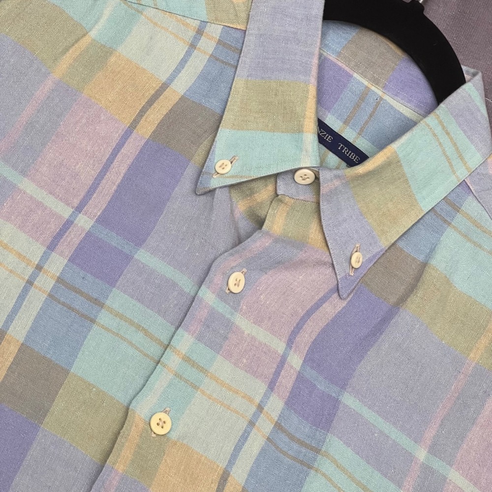 McKenzie Tribe Linen Shirt Mens Medium Pastel Plaid Short Sleeve Italy Excellent